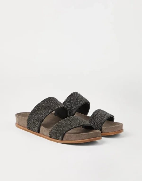 Brunello Cucinelli Slides aus Veloursleder mit Precious Straps | Damen Sandalen