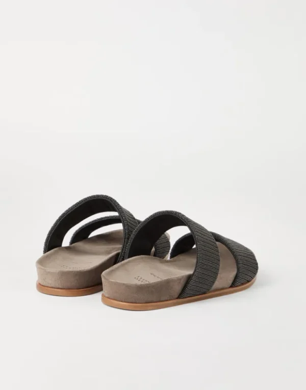 Brunello Cucinelli Slides aus Veloursleder mit Precious Straps | Damen Sandalen