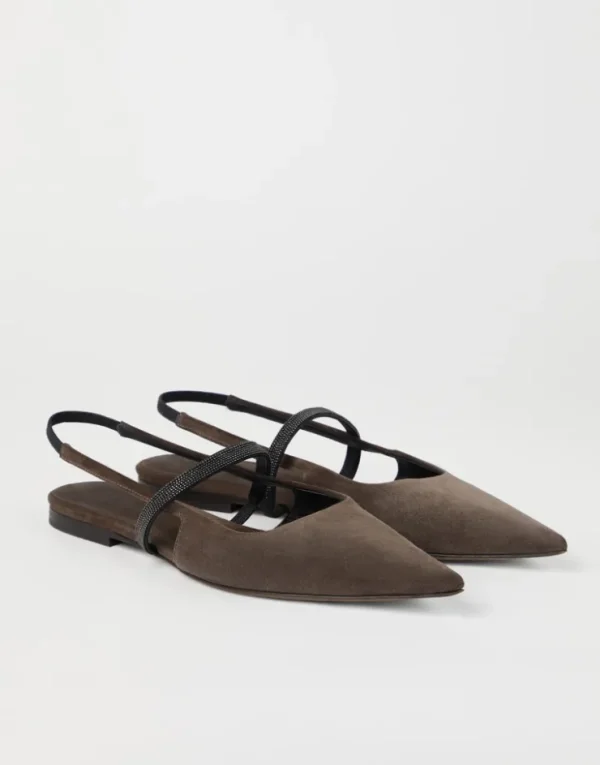 Brunello Cucinelli Slingback-Flats aus Veloursleder mit Shiny Strap | Damen Sandalen