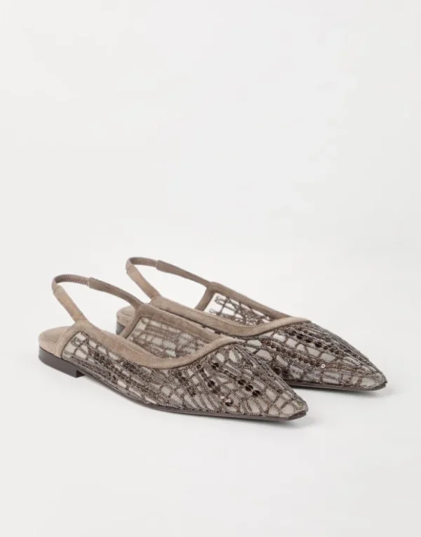 Brunello Cucinelli Slingback-Flats aus Veloursleder mit Glistening Abstract Embroidery | Damen Sandalen