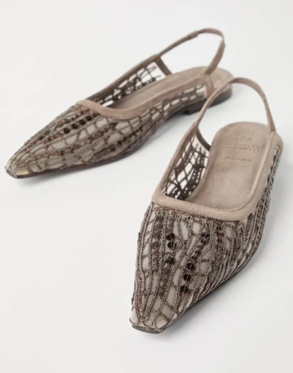 Brunello Cucinelli Slingback-Flats aus Veloursleder mit Glistening Abstract Embroidery | Damen Sandalen