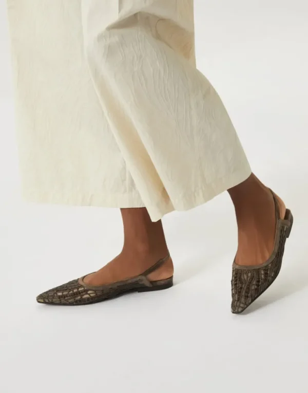 Brunello Cucinelli Slingback-Flats aus Veloursleder mit Glistening Abstract Embroidery | Damen Sandalen