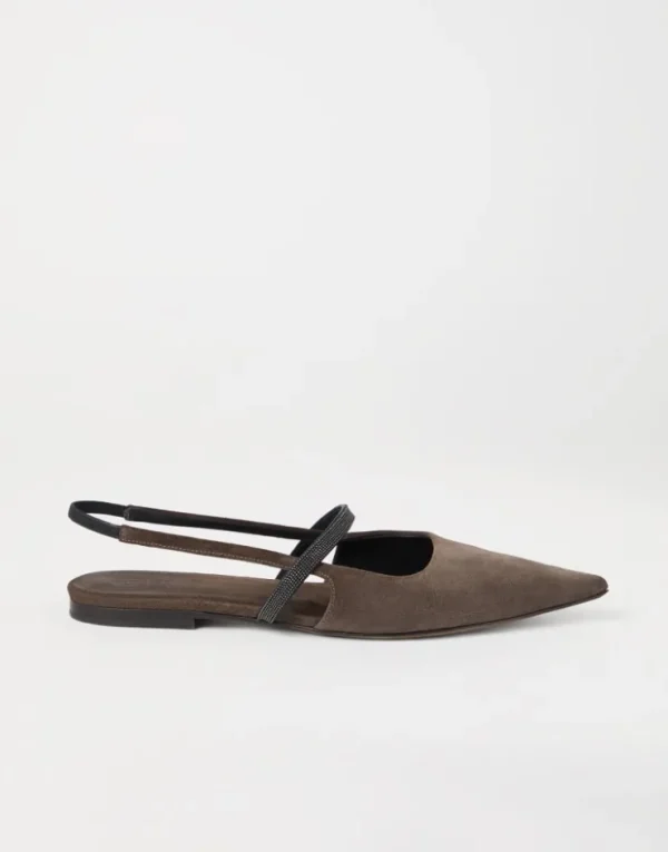 Brunello Cucinelli Slingback-Flats aus Veloursleder mit Shiny Strap | Damen Sandalen