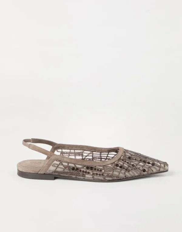 Brunello Cucinelli Slingback-Flats aus Veloursleder mit Glistening Abstract Embroidery | Damen Sandalen