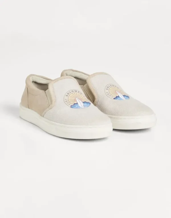 Brunello Cucinelli Slip-on Sneakers aus Canvas in Baumwolle, Leinen und Veloursleder mit Surf-Print | Kinder Schuhe