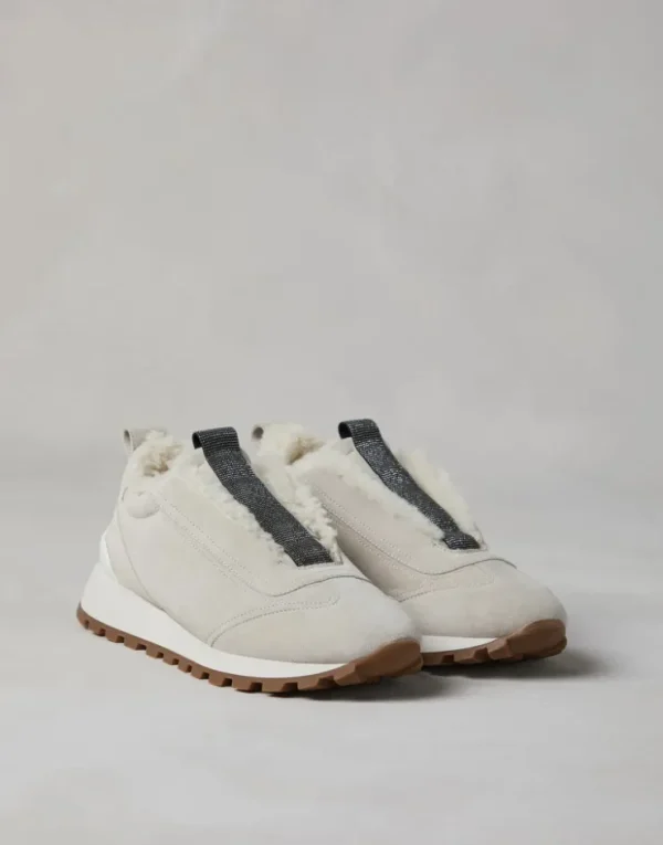 Brunello Cucinelli Sneakers aus Veloursleder mit Futter aus Shearling und Precious Detail | Damen Sneakers