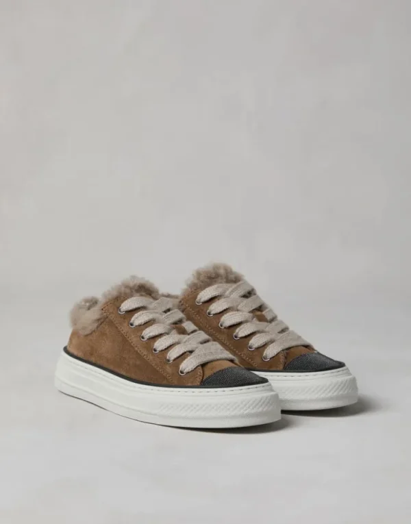 Brunello Cucinelli Sneakers aus Veloursleder mit Futter aus Shearling und Precious Toe | Damen Sneakers