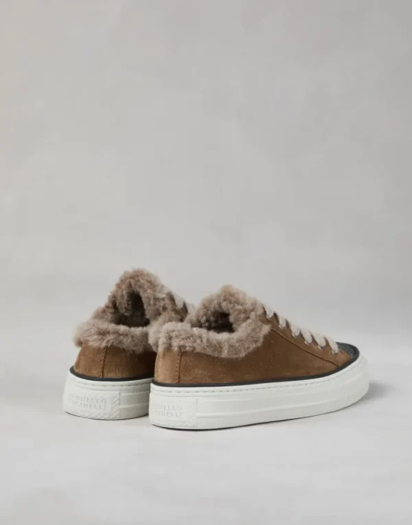 Brunello Cucinelli Sneakers aus Veloursleder mit Futter aus Shearling und Precious Toe | Damen Sneakers