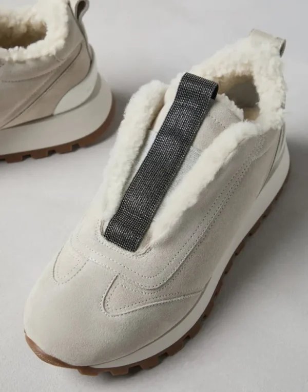 Brunello Cucinelli Sneakers aus Veloursleder mit Futter aus Shearling und Precious Detail | Damen Sneakers