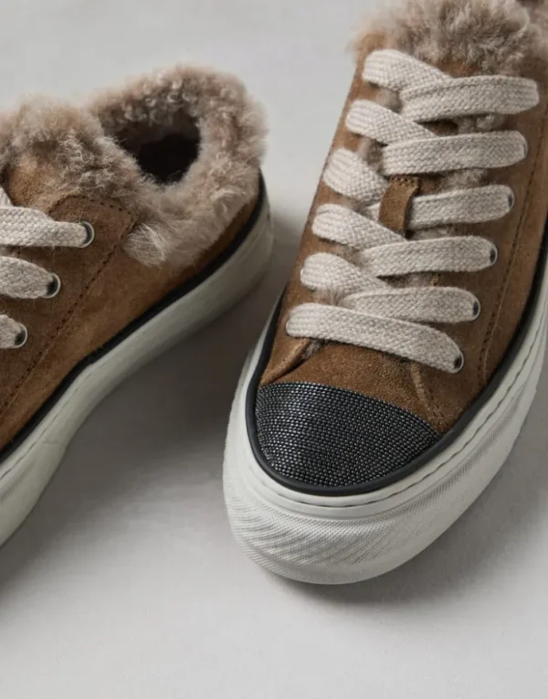 Brunello Cucinelli Sneakers aus Veloursleder mit Futter aus Shearling und Precious Toe | Damen Sneakers