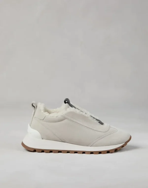 Brunello Cucinelli Sneakers aus Veloursleder mit Futter aus Shearling und Precious Detail | Damen Sneakers