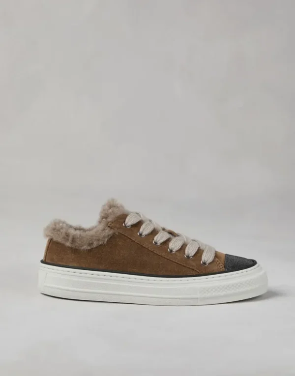 Brunello Cucinelli Sneakers aus Veloursleder mit Futter aus Shearling und Precious Toe | Damen Sneakers