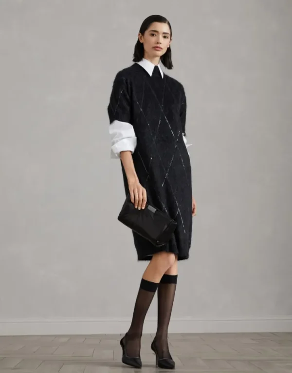 Brunello Cucinelli Strickkleid aus Mohair, Wolle, Kaschmir und Seide mit Dazzling Argyle Embroidery | Damen Event-dressing