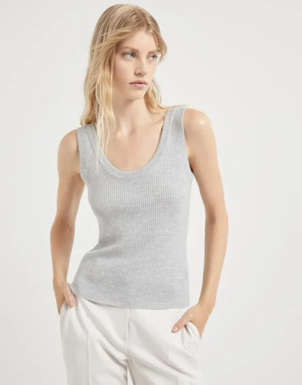 Brunello Cucinelli Stricktop aus Schurwolle und Kaschmir in Rippenstrick mit Monili | Damen Strickwaren