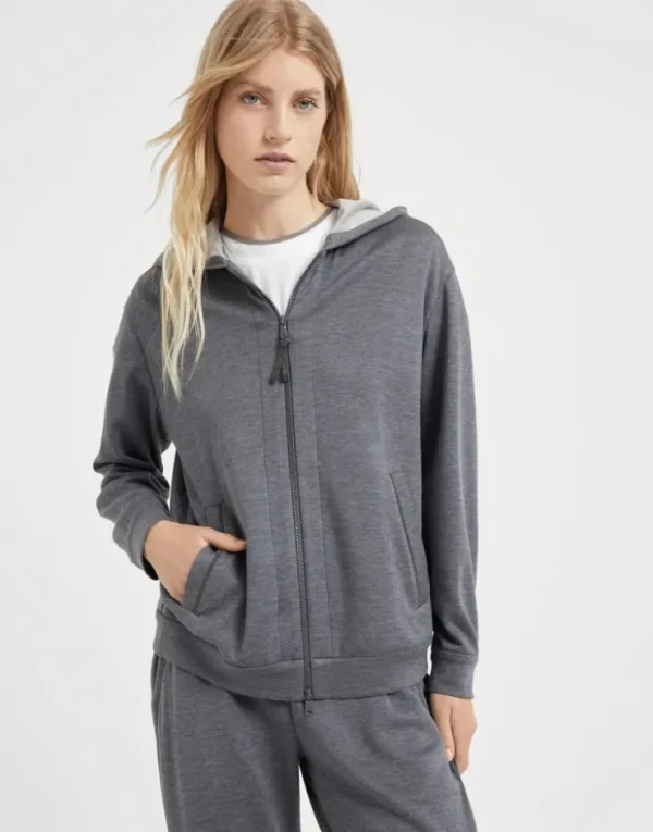 Brunello Cucinelli Sweatjacke aus Interlock in Baumwolle und Seide mit Kapuze und Precious Zipper Pull | Damen Travelwear