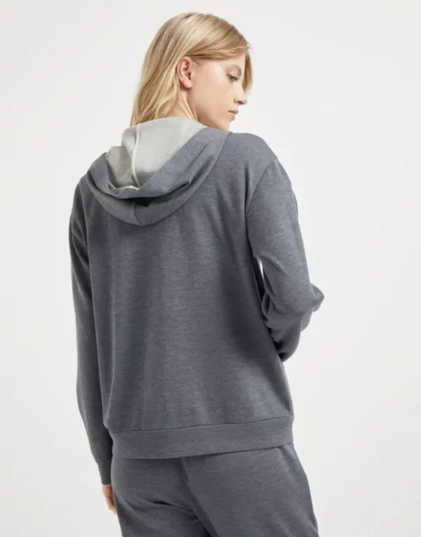 Brunello Cucinelli Sweatjacke aus Interlock in Baumwolle und Seide mit Kapuze und Precious Zipper Pull | Damen Travelwear