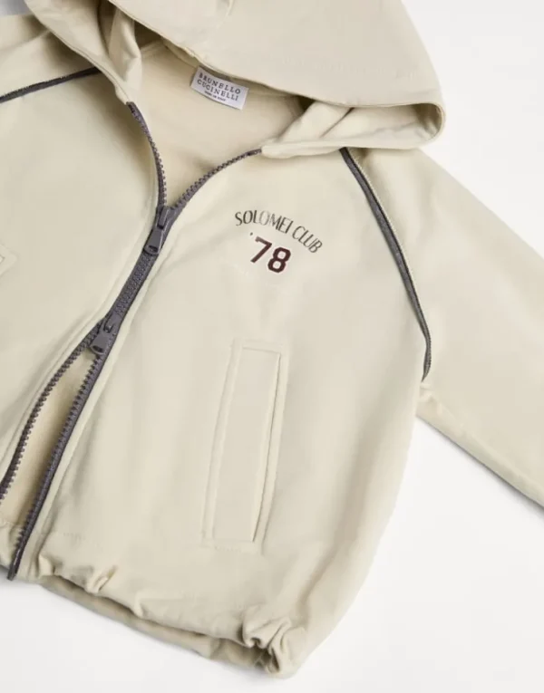 Brunello Cucinelli Sweatjacke aus leichtem Baumwollstretch mit Kapuze, Print und Monili | Kinder Travelwear