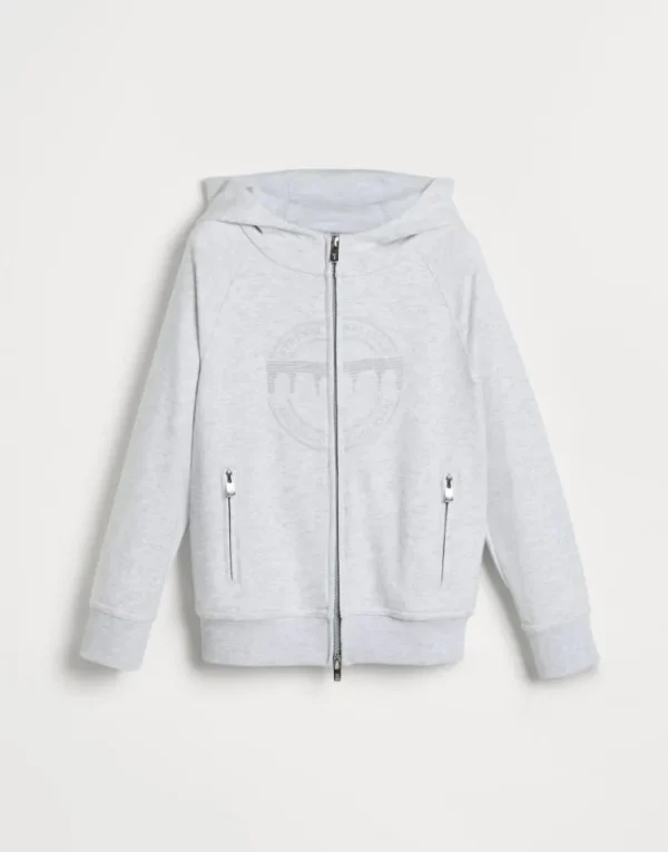 Brunello Cucinelli Sweatjacke aus Techno-Baumwollsweat mit Kapuze, Stickerei und Print | Kinder Travelwear