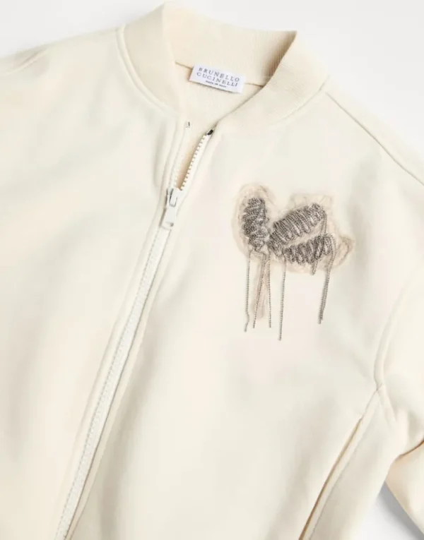 Brunello Cucinelli Sweatjacke im Blouson-Stil aus Smooth-Baumwollsweat mit Precious Flower Crest | Kinder Travelwear