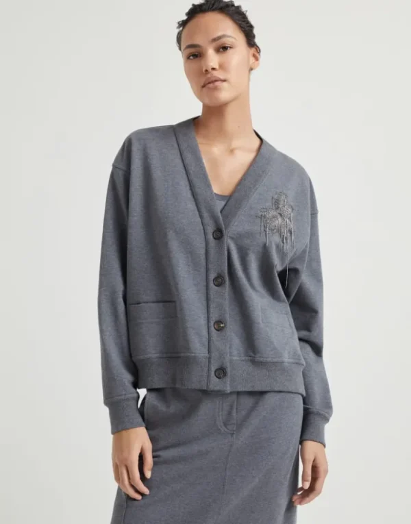 Brunello Cucinelli Sweatshirt aus leichtem Stretch-Baumwollsweat mit Knöpfen und Precious Flower Crest | Damen Travelwear | T-shirts & Tops