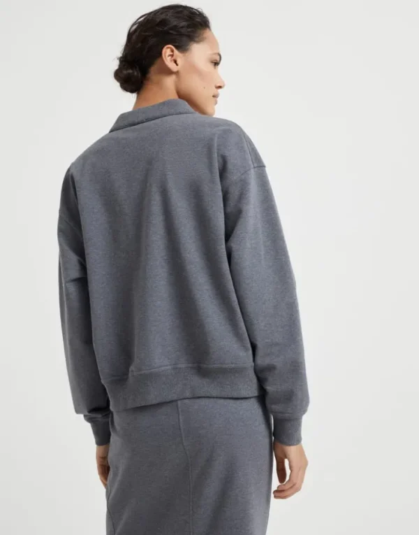 Brunello Cucinelli Sweatshirt aus leichtem Stretch-Baumwollsweat mit Knöpfen und Precious Flower Crest | Damen Travelwear | T-shirts & Tops