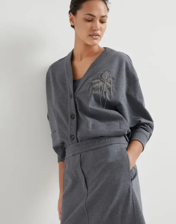 Brunello Cucinelli Sweatshirt aus leichtem Stretch-Baumwollsweat mit Knöpfen und Precious Flower Crest | Damen Travelwear | T-shirts & Tops