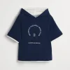 Brunello Cucinelli Sweatshirt mit kurzen Ärmeln aus Baumwollpikee mit Kapuze, Print und Stickerei | Kinder Travelwear