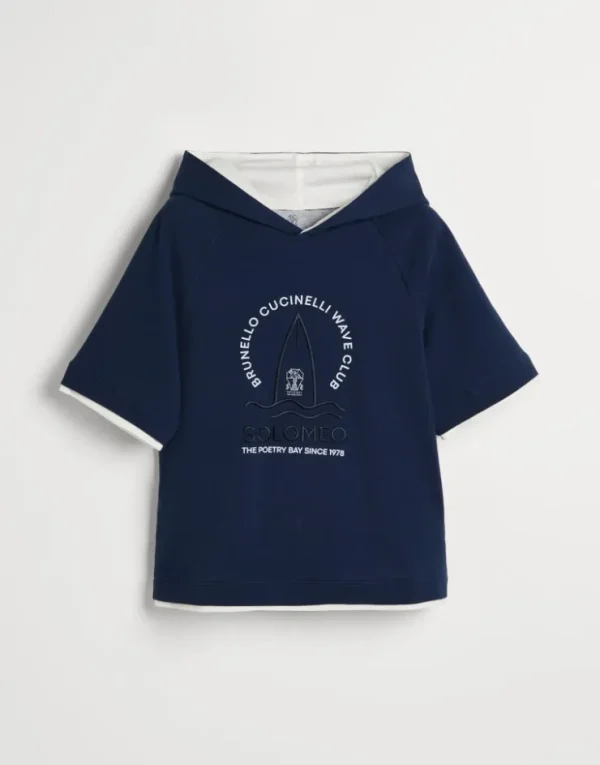 Brunello Cucinelli Sweatshirt mit kurzen Ärmeln aus Baumwollpikee mit Kapuze, Print und Stickerei | Kinder Travelwear