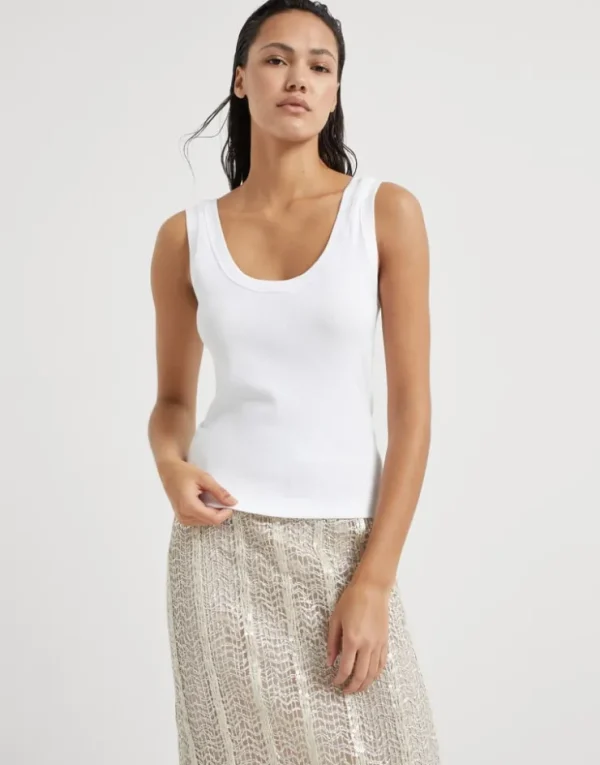 Brunello Cucinelli Top aus geripptem Baumwolljersey mit Stretch und Shiny Tab | Damen T-shirts & Tops