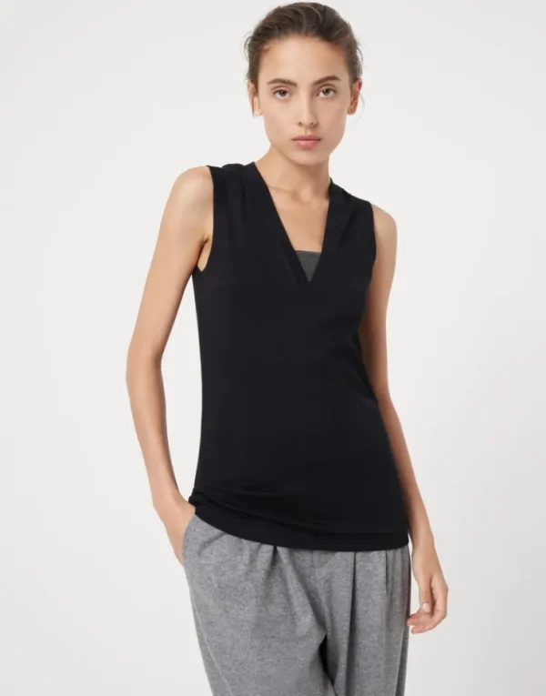 Brunello Cucinelli Top aus geripptem Stretch-Baumwolljersey mit Precious Insert | Damen T-shirts & Tops