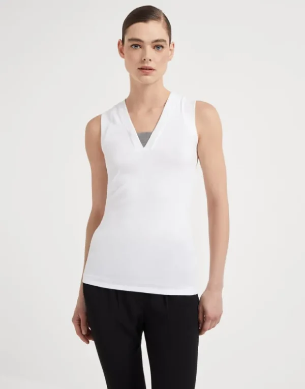 Brunello Cucinelli Top aus geripptem Stretch-Baumwolljersey mit Precious Insert | Damen T-shirts & Tops