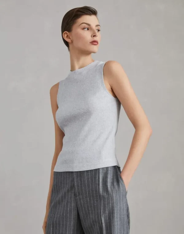 Brunello Cucinelli Top aus Rippen-Baumwolljersey mit Monili | Damen T-shirts & Tops