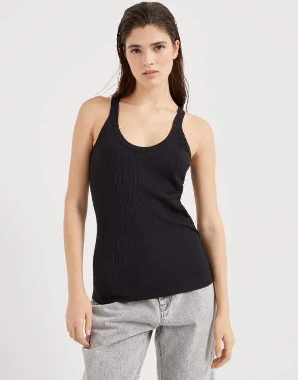 Brunello Cucinelli Top aus Rippen-Baumwolljersey mit Monili | Damen T-shirts & Tops