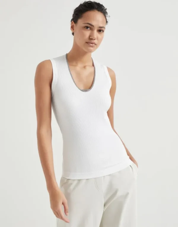 Brunello Cucinelli Top aus Rippenjersey aus Comfort-Baumwolle mit Shiny Neckline | Damen T-shirts & Tops