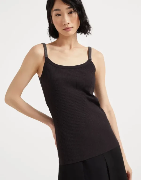 Brunello Cucinelli Top aus Rippenjersey in Baumwollstretch mit Precious Straps | Damen T-shirts & Tops