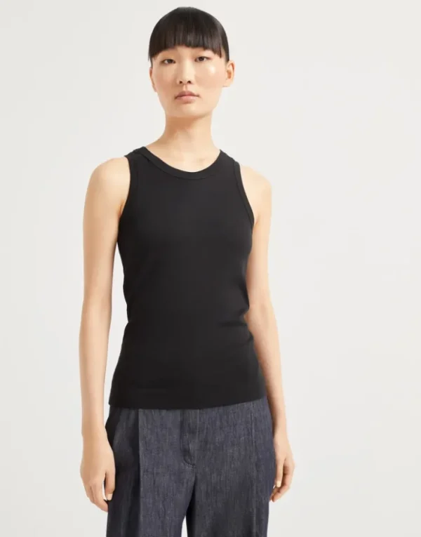 Brunello Cucinelli Top aus Rippenjersey in Baumwollstretch mit Monili | Damen T-shirts & Tops