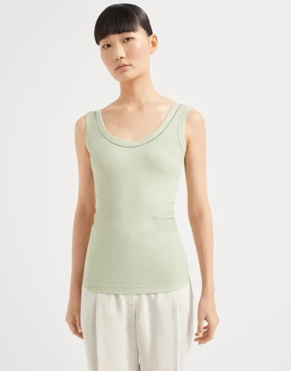 Brunello Cucinelli Top aus Rippenjersey in Comfort-Baumwolle mit Monili | Damen T-shirts & Tops