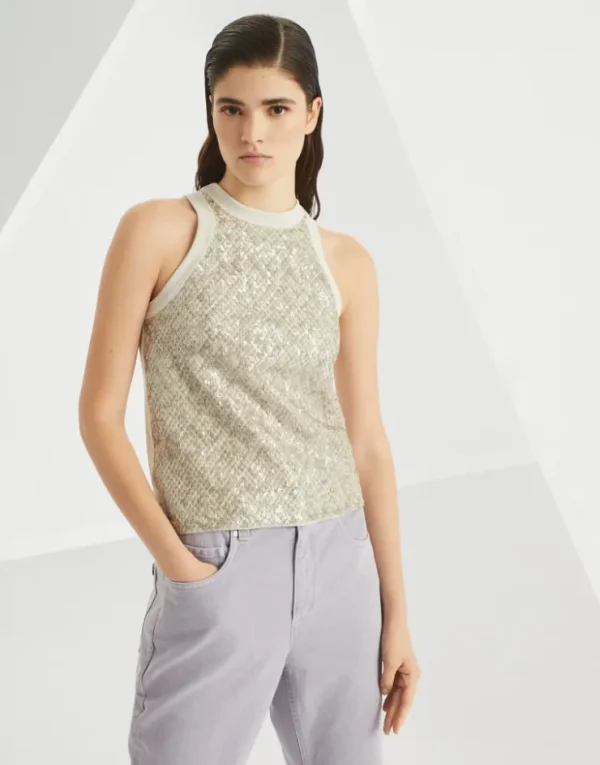 Brunello Cucinelli Top aus Stretch-Baumwolljersey mit Dazzling Net Embroidery | Damen T-shirts & Tops