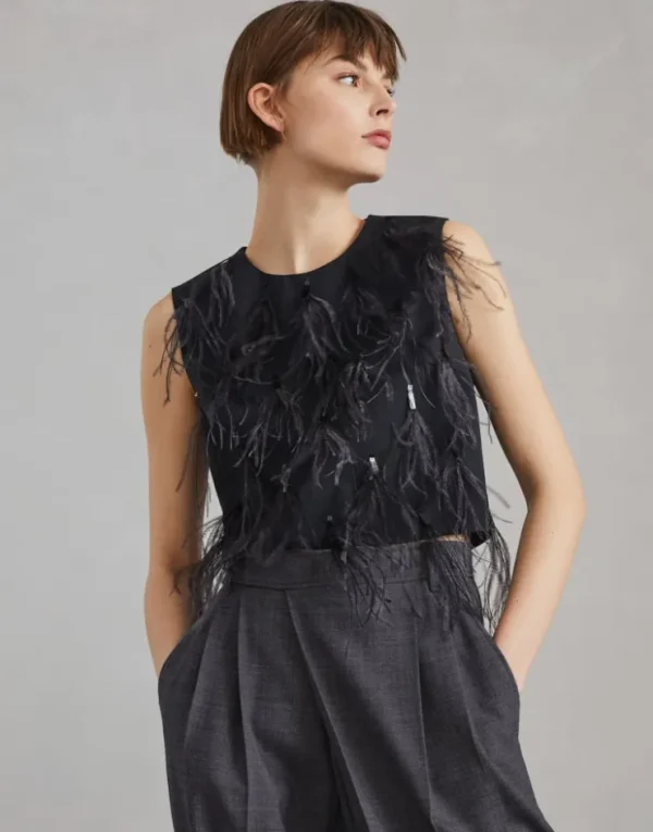 Brunello Cucinelli Top aus Tropical Luxury-Wolle mit Dazzling Feather Embroidery | Damen T-shirts & Tops | Event-dressing