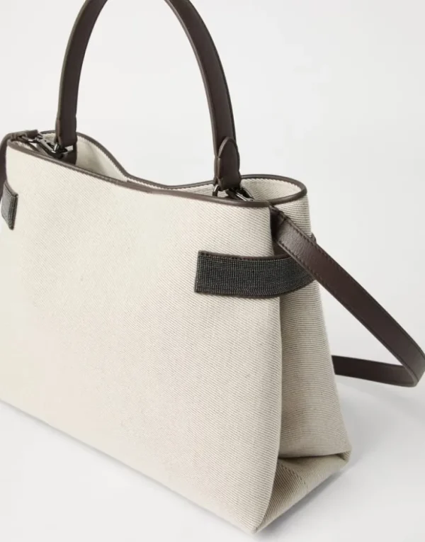 Brunello Cucinelli Top-Handle Essence-Tasche aus Drill in Baumwolle und Leinen mit Precious Bands | Damen Umhängetaschen & Rucksäcke