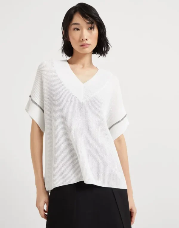 Brunello Cucinelli T-Shirt aus Baumwolle in Patentstrick mit Precious Trims | Damen Strickwaren