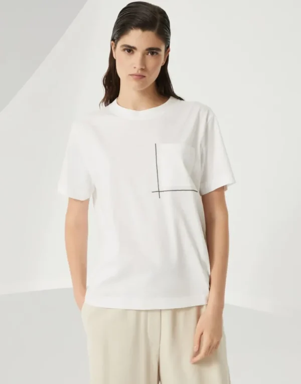 Brunello Cucinelli T-Shirt aus Baumwolljersey mit Shiny Pocket Detail | Damen T-shirts & Tops