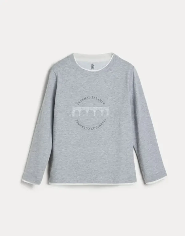 Brunello Cucinelli T-Shirt aus Baumwolljersey mit langen Ärmeln, Faux-Layering und Print | Kinder T-shirts & Hemden