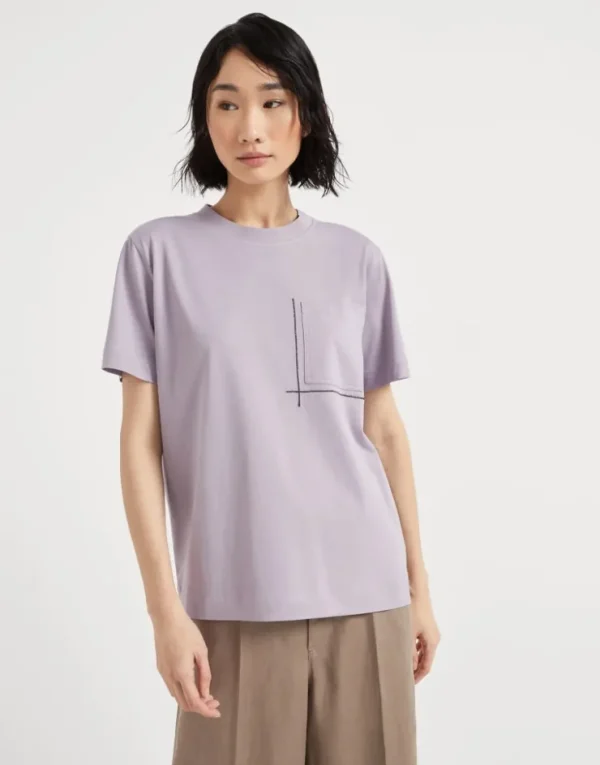 Brunello Cucinelli T-Shirt aus Baumwolljersey mit Shiny Pocket Detail | Damen T-shirts & Tops