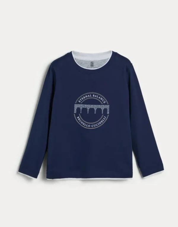 Brunello Cucinelli T-Shirt aus Baumwolljersey mit langen Ärmeln, Faux-Layering und Print | Kinder T-shirts & Hemden