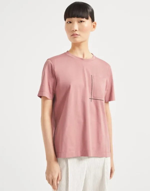 Brunello Cucinelli T-Shirt aus Baumwolljersey mit Shiny Pocket Detail | Damen T-shirts & Tops