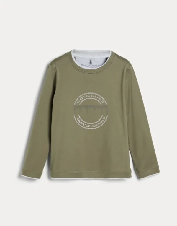 Brunello Cucinelli T-Shirt aus Baumwolljersey mit langen Ärmeln, Faux-Layering und Print | Kinder T-shirts & Hemden