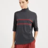 Brunello Cucinelli T-Shirt aus Baumwolljersey mit Stehkragen und Shiny Stripes | Damen T-shirts & Tops