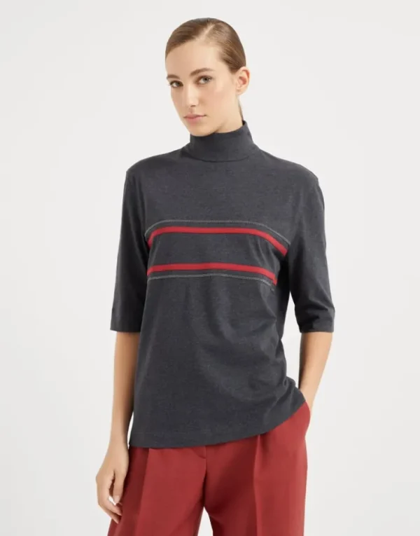 Brunello Cucinelli T-Shirt aus Baumwolljersey mit Stehkragen und Shiny Stripes | Damen T-shirts & Tops