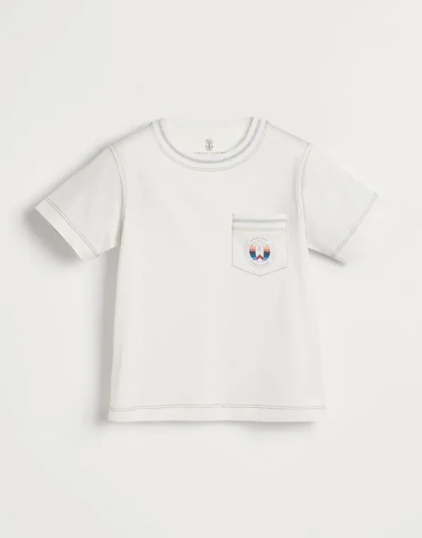 Brunello Cucinelli T-Shirt aus Baumwolljersey mit Surf-Print und Brusttasche | Kinder T-shirts & Hemden